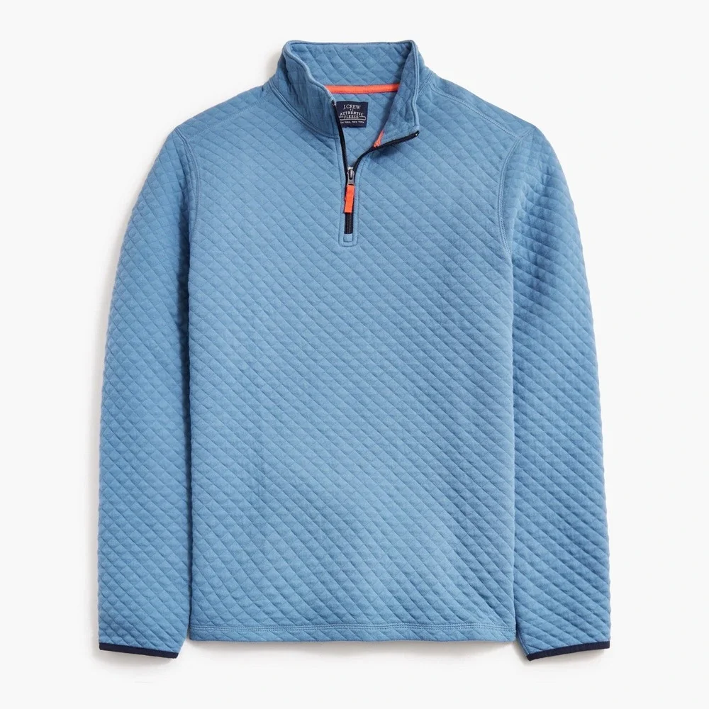 J.Crew XL Authentic Fleece Quilted Quarter Zip Pullover Blue Orange Accent BS847